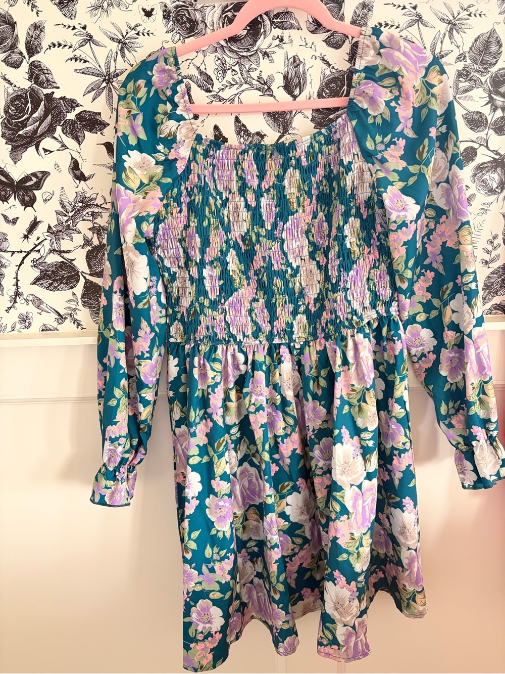 Source Unknown Teal Floral Smocked Mini Dress